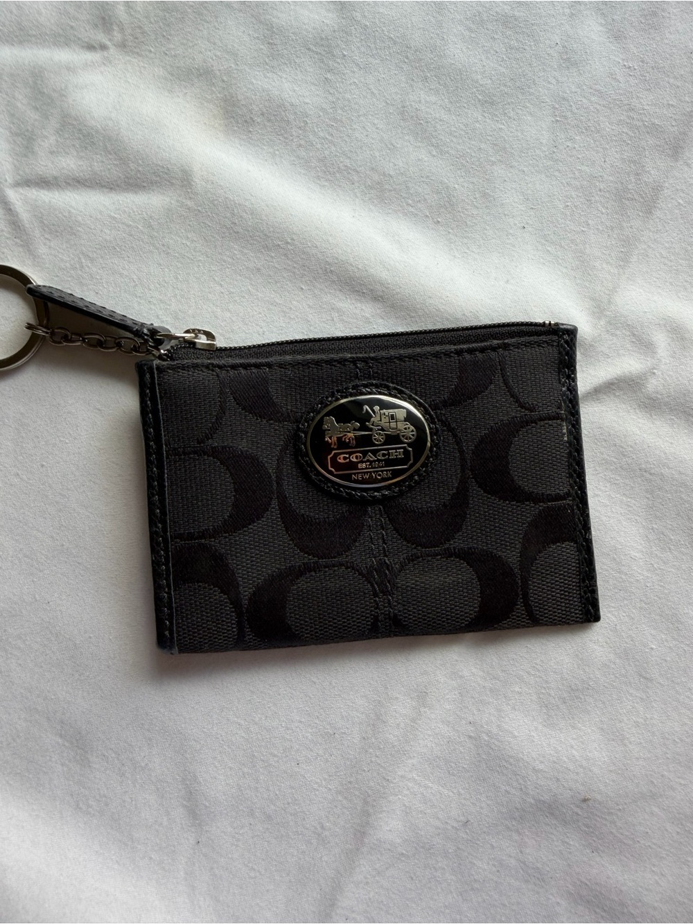 Coach Black Signature Canvas Card Case with Key Ring